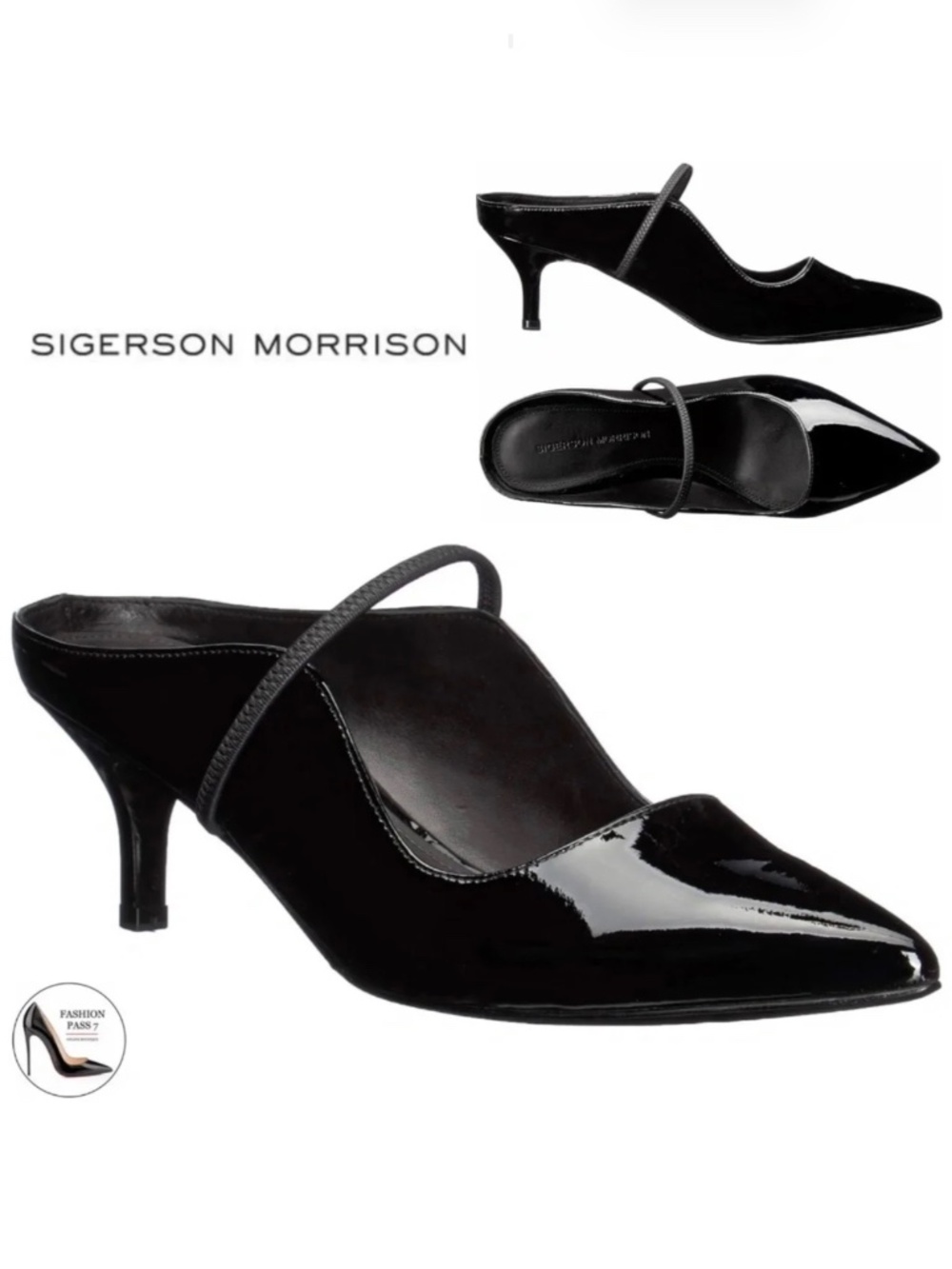 SIGERSON MORRISON Beryl Black Patent Leather Mules Ponted Toe Heeled Pump Shoe 6